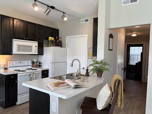A kitchen with black cabinets and white appliances.