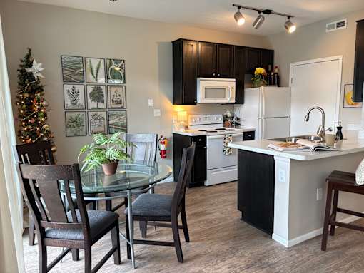 A kitchen with a table and chairs and a Christmas tree.