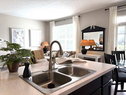 A kitchen with a sink and a mirror.