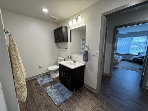 A bathroom with a toilet, sink, and mirror.