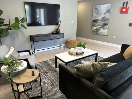 a living room with a couch and a table and a television  at MountainView Flats, Glenwood Springs, CO, 81601