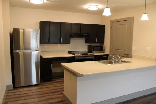 a kitchen with stainless steel appliances and black cabinets  at Haven Homes Apartments, LP, Plainfield, Indiana