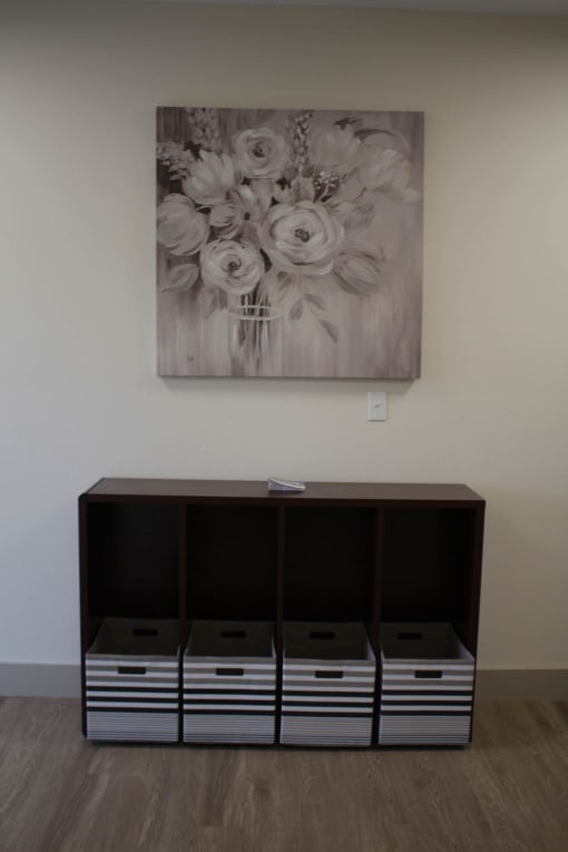 a painting of flowers on the wall above a shelf at Salem Place Apartments, Daleville