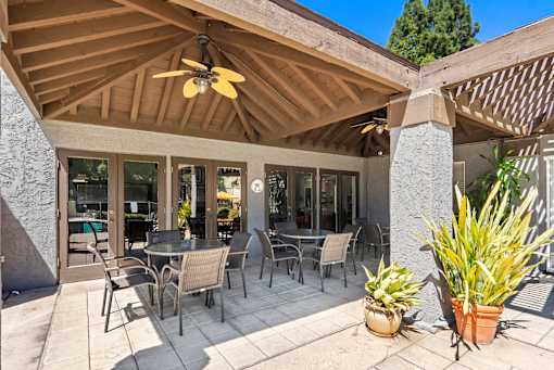 A patio with a table and chairs under a roof.