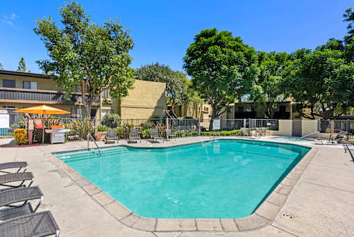 A large swimming pool surrounded by lounge chairs and trees.
