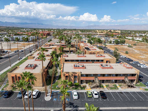 A parking lot with a building in the background and palm trees in the foreground.