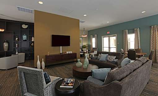 A living room with a grey couch, a grey armchair, a coffee table, and a brown sofa.