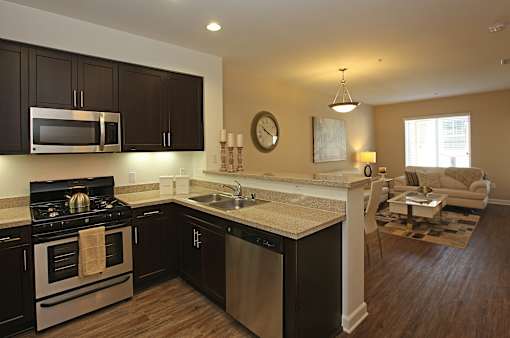 A modern kitchen with dark wood cabinets and stainless steel appliances.