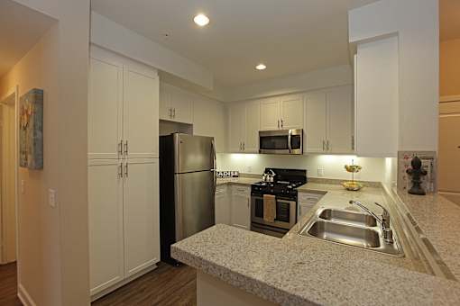 A kitchen with a granite counter top and stainless steel appliances.