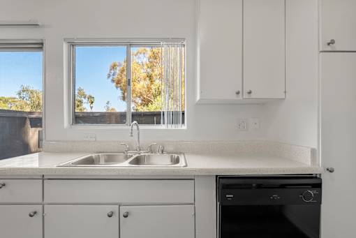 A kitchen with white cabinets and a black dishwasher.