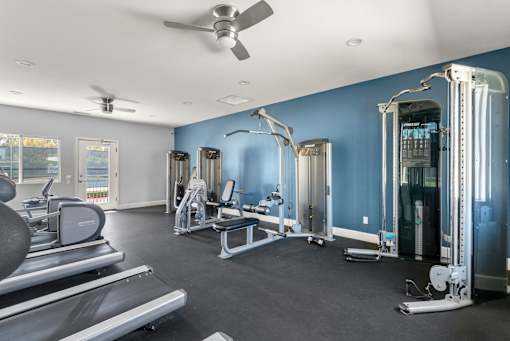 A gym with a variety of equipment including treadmills, weights, and a squat rack.