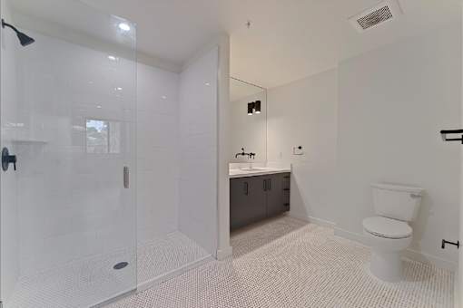 A white bathroom with a walk-in shower and a toilet.