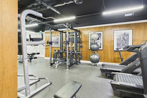 A gym with treadmills, weights, and exercise equipment.