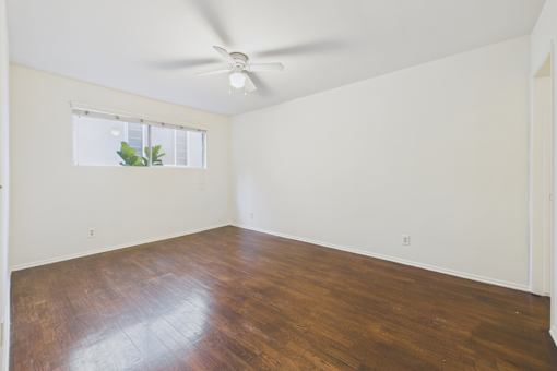 A room with a ceiling fan and a window with a plant on the sill.