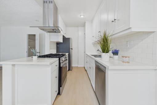 A white kitchen with a black dishwasher and a black oven.