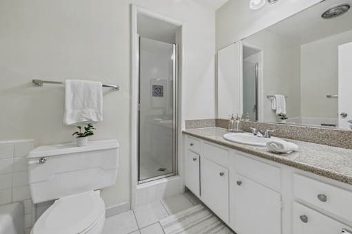 A white bathroom with a toilet, sink, and mirror.