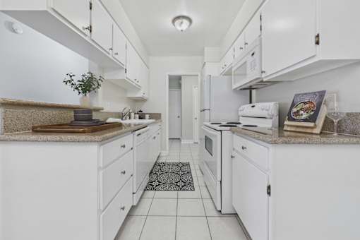 A kitchen with white cabinets and a black and white rug on the floor.