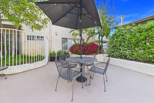 A patio with a table and chairs under an umbrella.