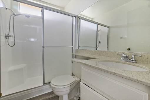 A white toilet sits next to a sink in a bathroom.