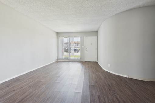 A room with a wooden floor and a white door.