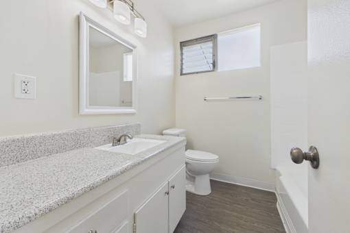 A bathroom with a granite countertop and white fixtures.