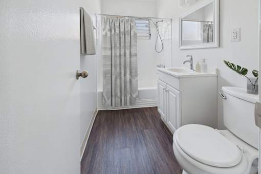 A white bathroom with a toilet, sink, and shower.