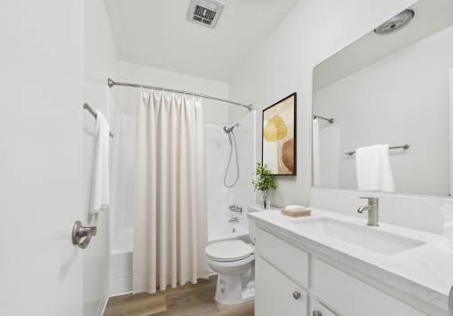 A bathroom with a toilet, sink, and shower.