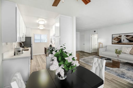 a living room and dining room with a black table