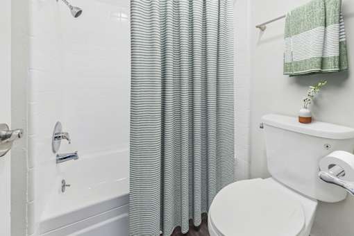 A white toilet sits next to a shower curtain in a bathroom.