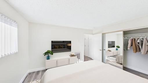 A white room with a clothing rack and a small table with a plant on it.