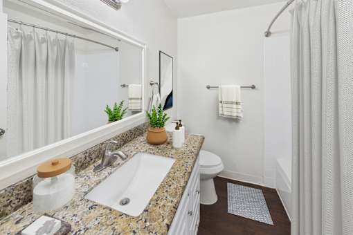 A bathroom with a granite countertop and a white sink.