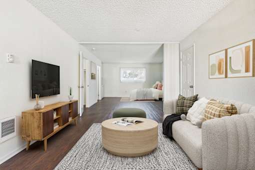 A living room with a couch, coffee table, and television.