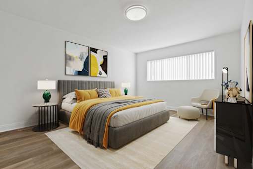 A modern bedroom with a large bed and a painting on the wall.