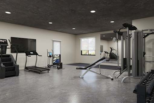A spacious home gym with a variety of equipment.