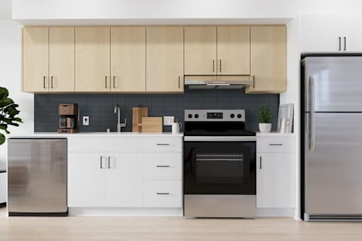 A modern kitchen with stainless steel appliances and wooden cabinets.