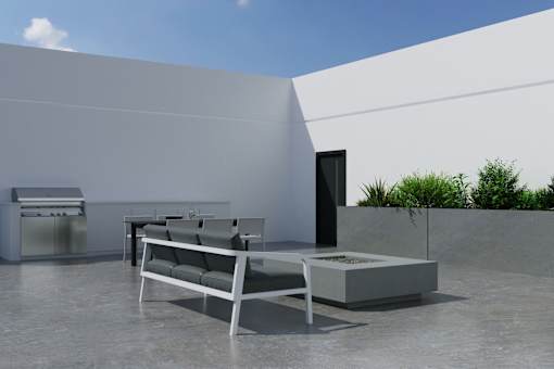 A modern outdoor seating area with a white sofa and a table.