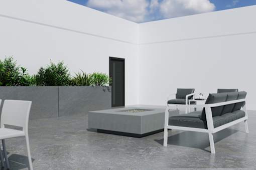 A white chair is placed in front of a black door.