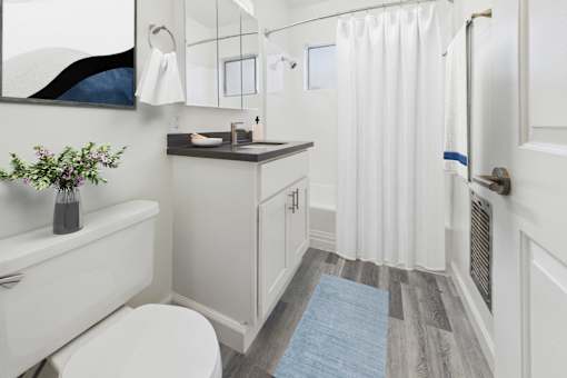 A white bathroom with a blue rug on the floor.