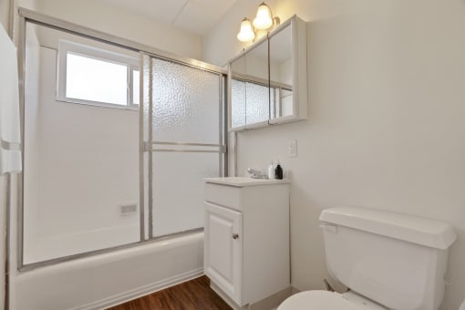 a bathroom with a shower and a toilet and a sink