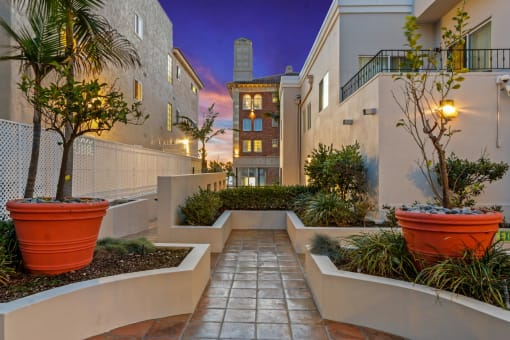 a walkway between two apartment buildings with potted plants