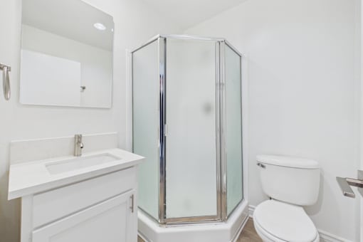 A white toilet sits next to a walk-in shower in a bathroom.