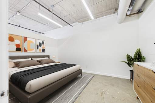 A bedroom with a large bed and a plant on the side table.
