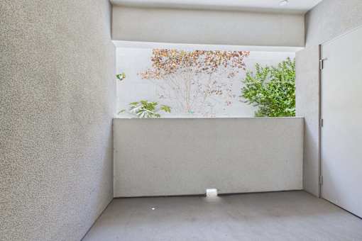 A room with a white wall and a window with a view of trees.