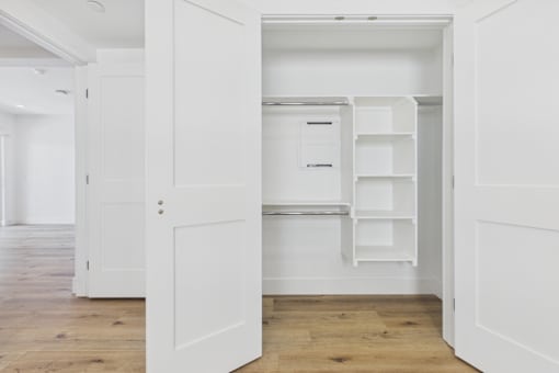 A white room with a white door open to a white closet.