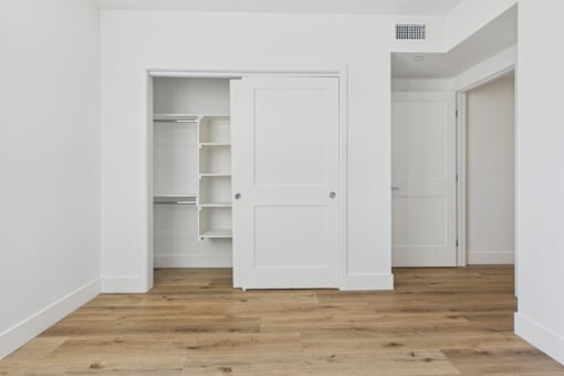 A white door is open to a small pantry.