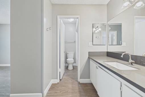 A bathroom with a toilet, sink, and mirror.