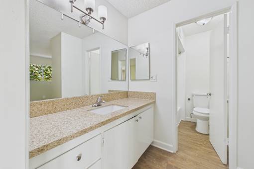 A bathroom with a sink, mirror, and toilet.