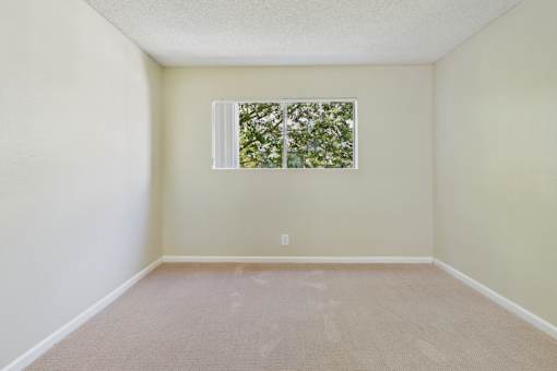 A room with a window and carpeted floor.