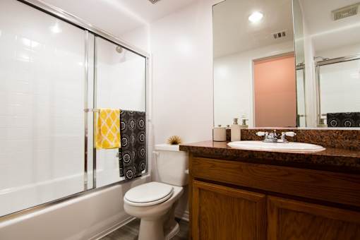 A bathroom with a toilet, sink, and mirror.