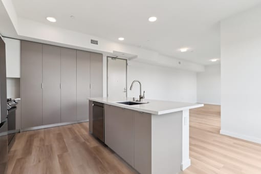 A modern kitchen with a sink and cabinets.